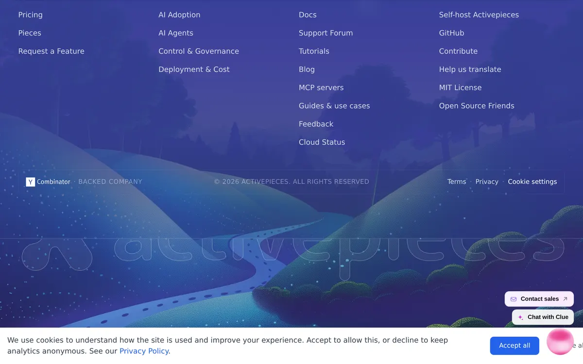 Screenshot of the Activepieces homepage at activepieces.com