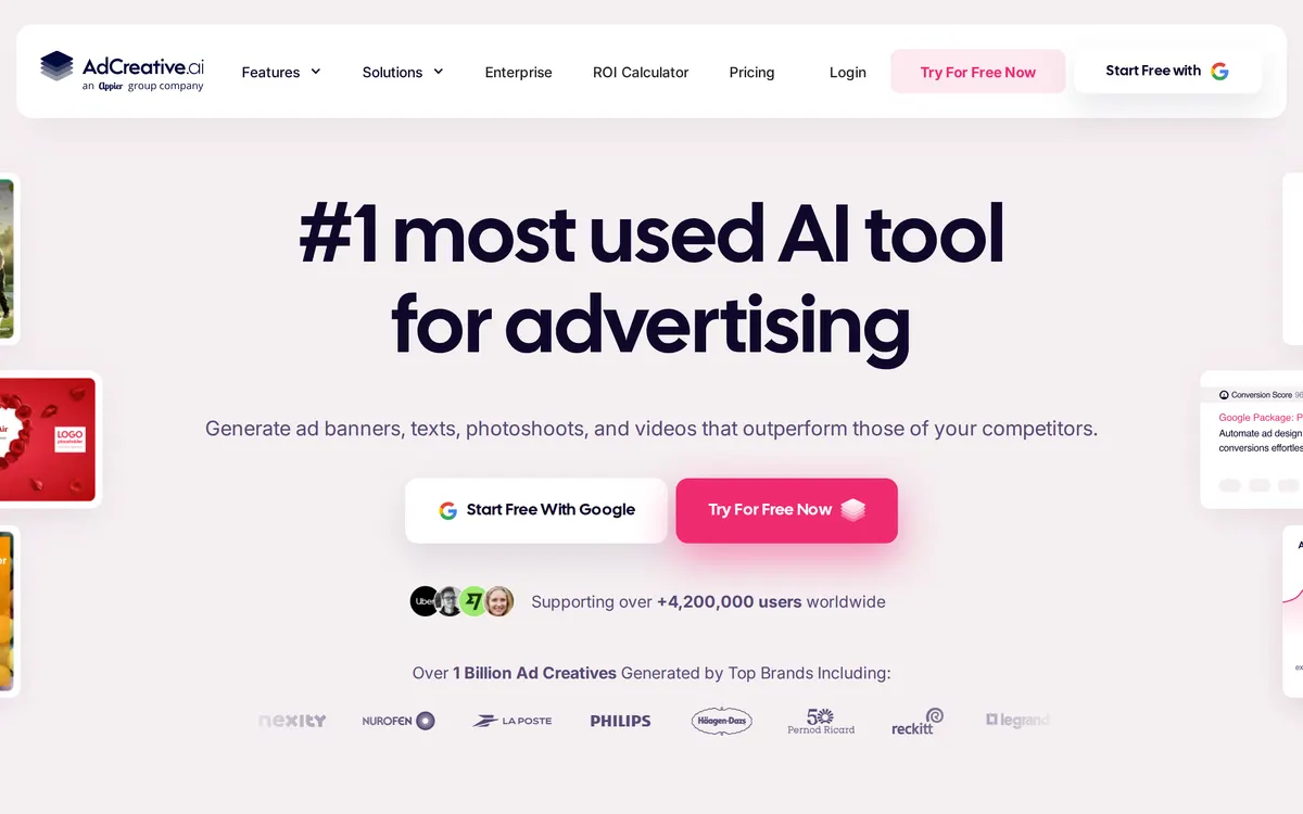 Screenshot of the AdCreative.ai homepage at adcreative.ai