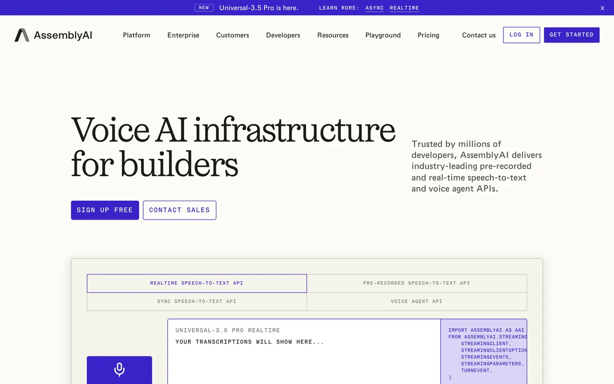 Screenshot of the AssemblyAI homepage at assemblyai.com