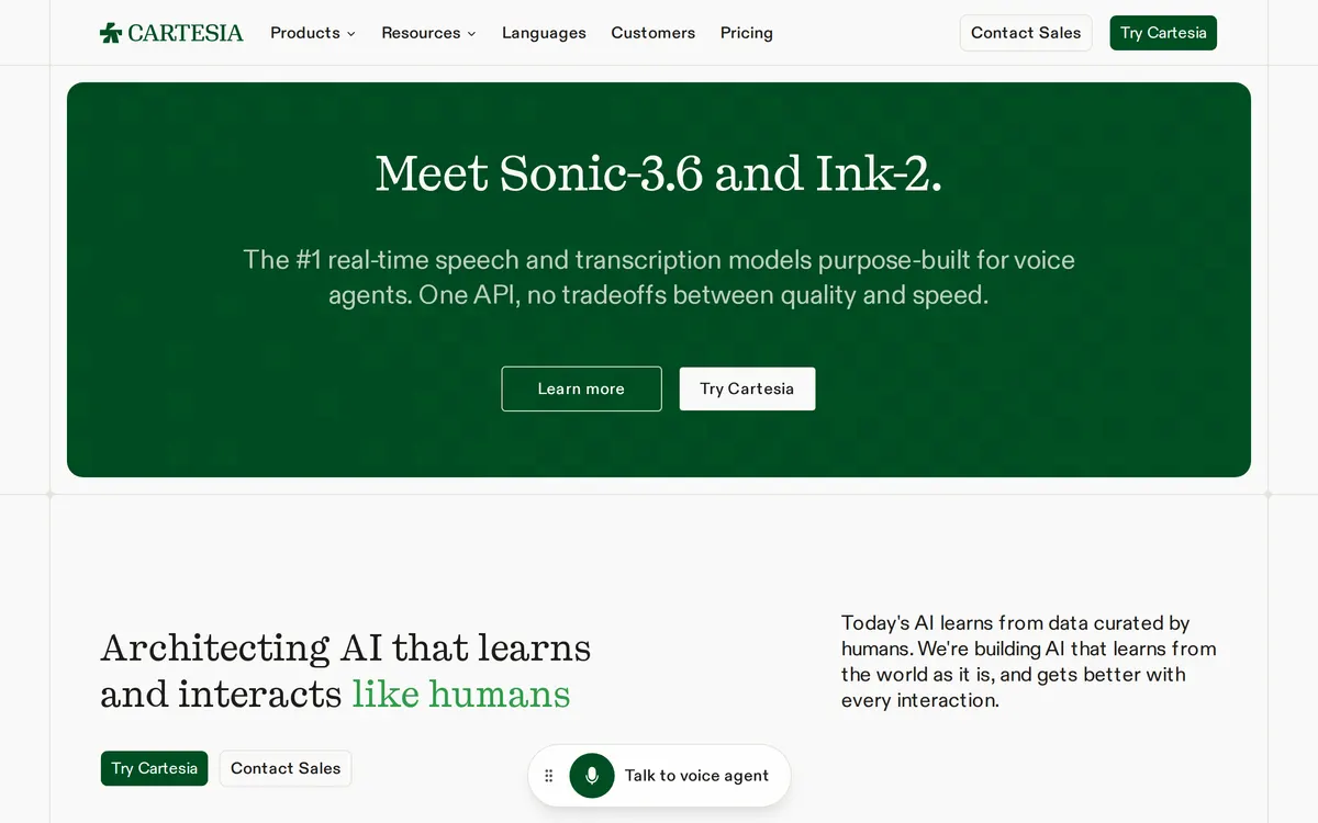 Screenshot of the Cartesia homepage at cartesia.ai