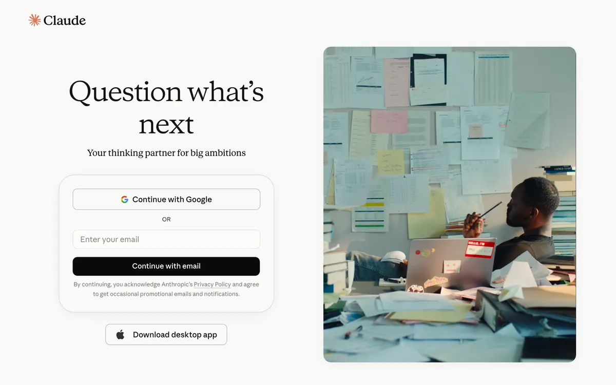 Screenshot of the Claude homepage at claude.ai