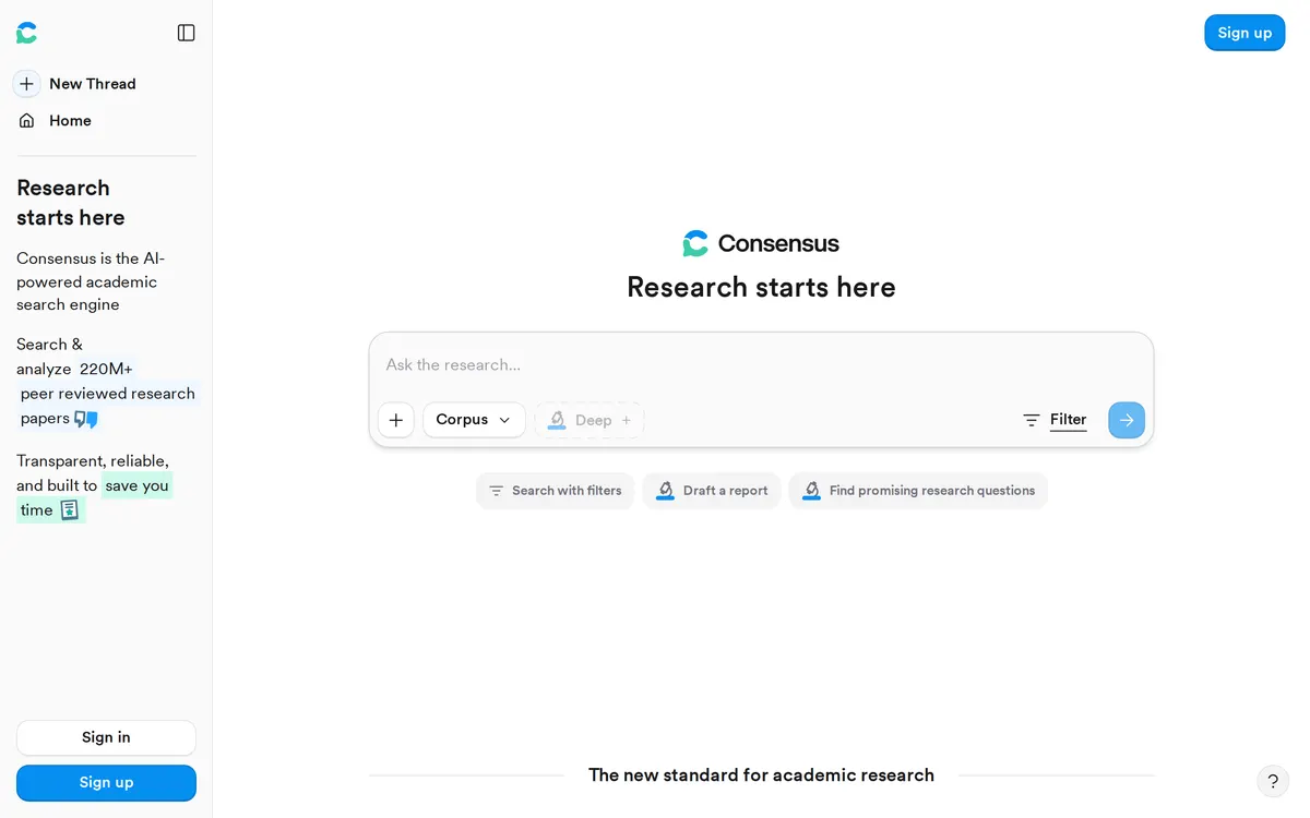 Screenshot of the Consensus homepage at consensus.app