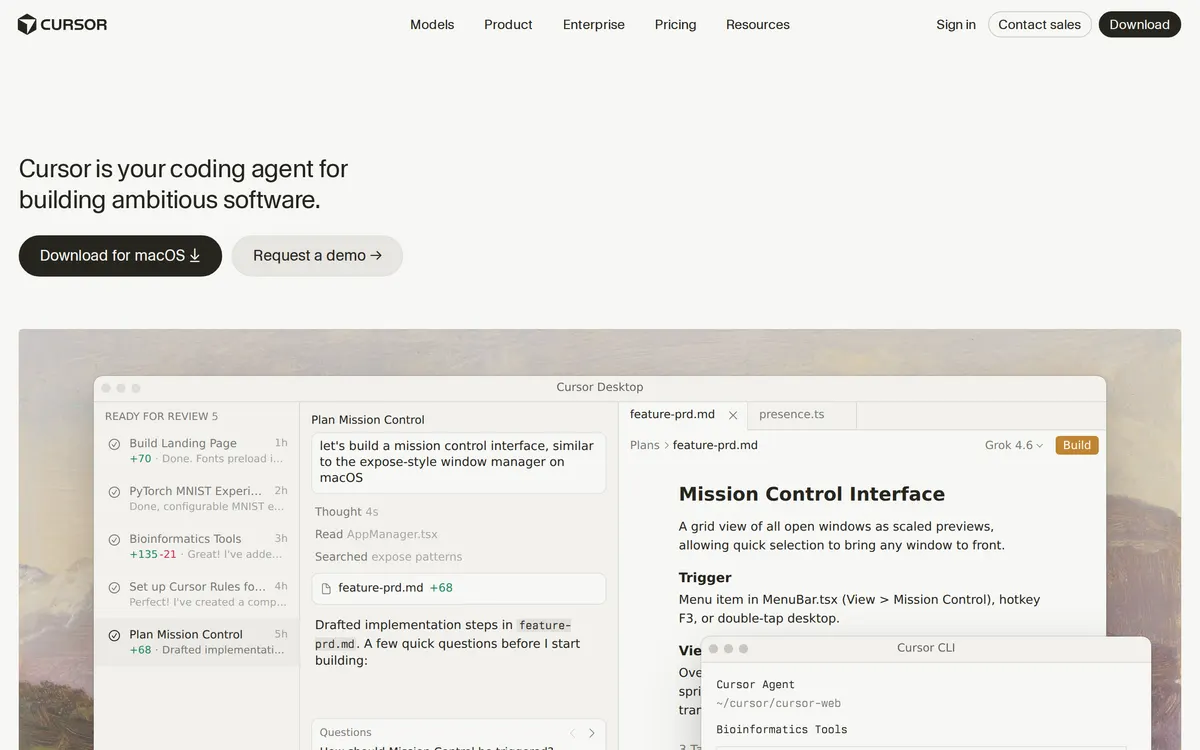 Screenshot of the Cursor homepage at cursor.com