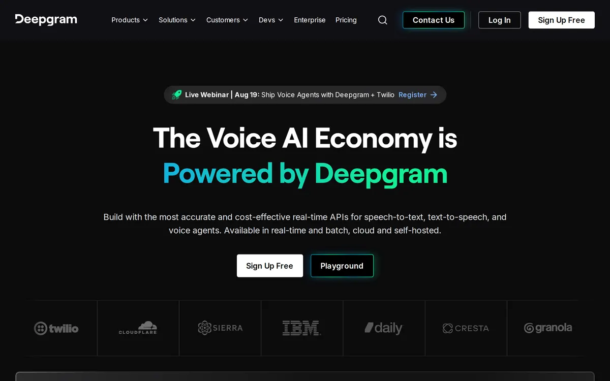 Screenshot of the Deepgram homepage at deepgram.com