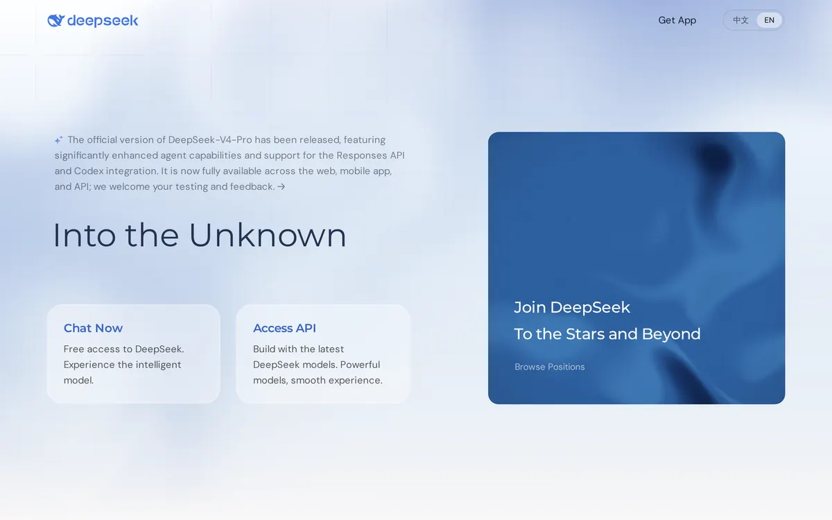 Screenshot of the DeepSeek homepage at deepseek.com