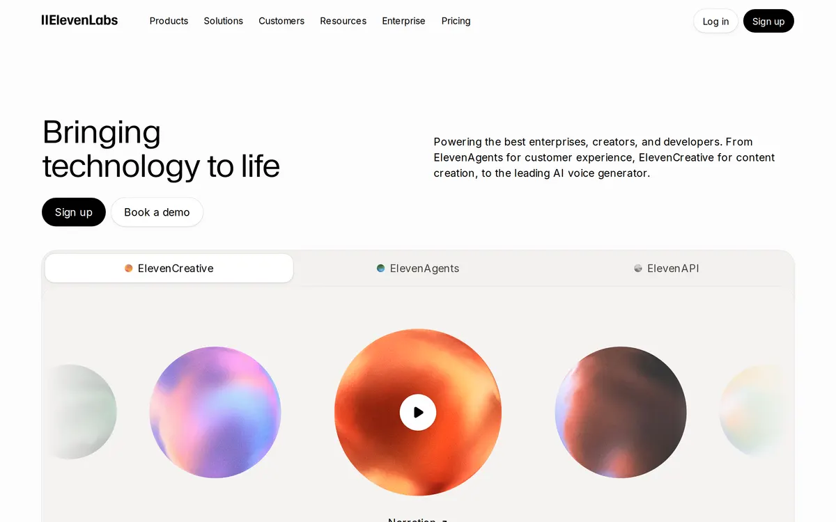 Screenshot of the ElevenLabs homepage at elevenlabs.io