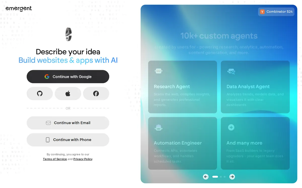 Screenshot of the Emergent homepage at app.emergent.sh