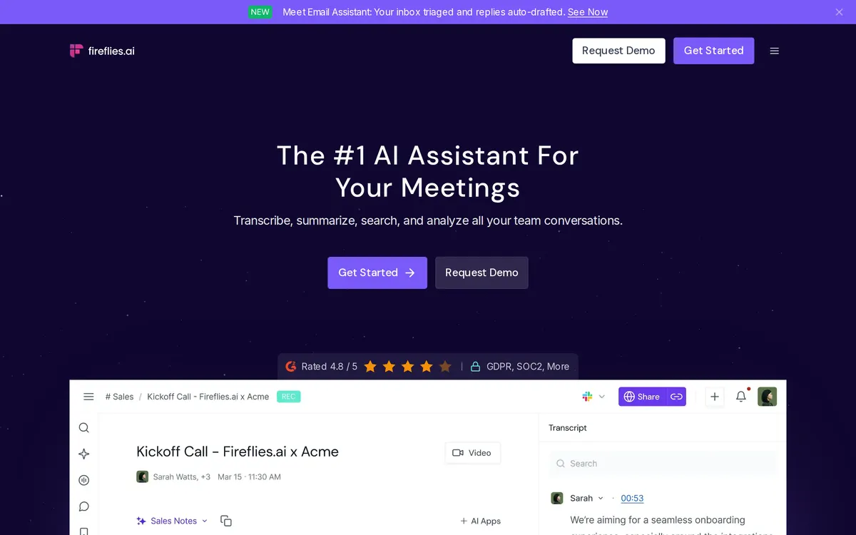 Screenshot of the Fireflies.ai homepage at fireflies.ai