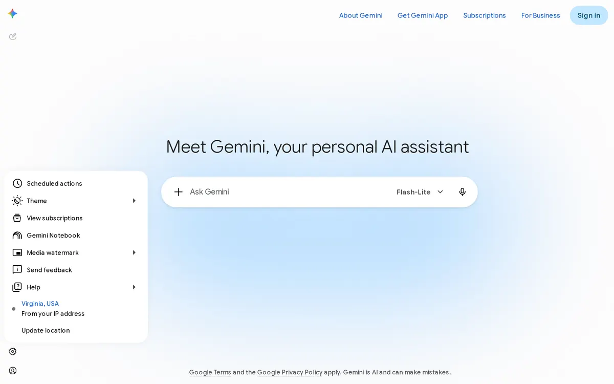 Screenshot of the Google Gemini homepage at gemini.google.com