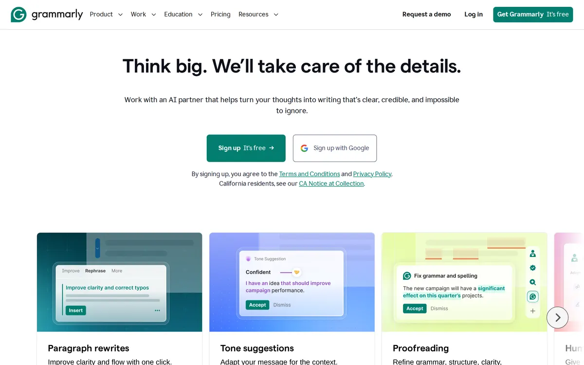 Screenshot of the Grammarly homepage at grammarly.com