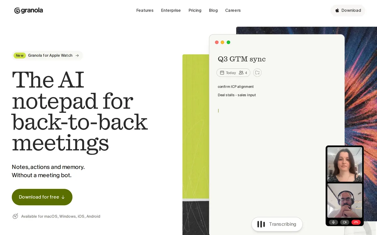 Screenshot of the Granola homepage at granola.ai