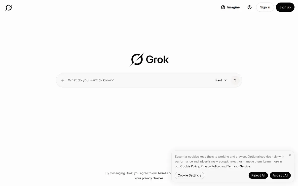 Screenshot of the Grok homepage at grok.com