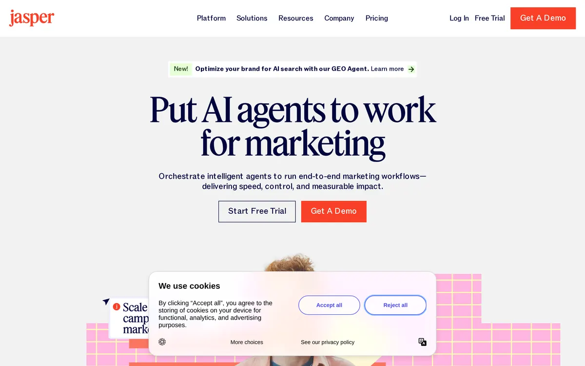 Screenshot of the Jasper homepage at jasper.ai
