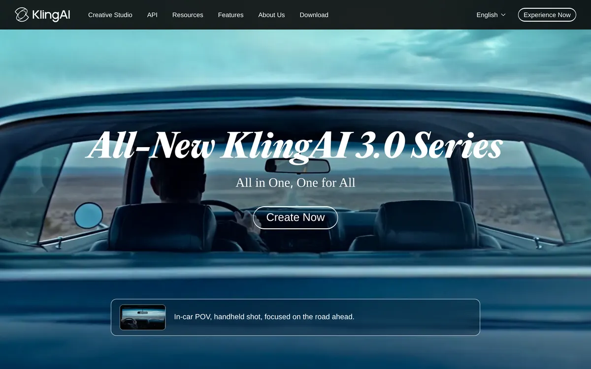 Screenshot of the Kling AI homepage at klingai.com