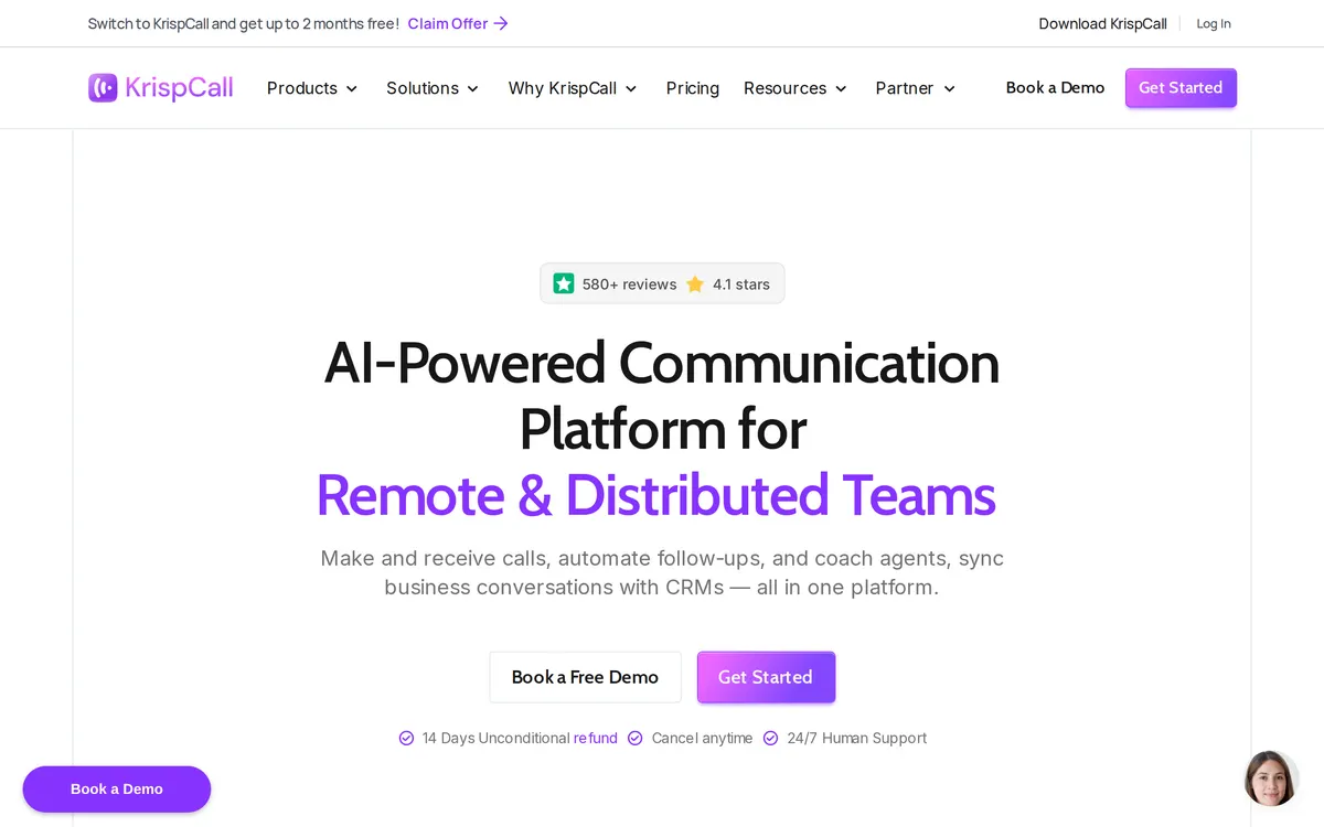 Screenshot of the KrispCall homepage at krispcall.com