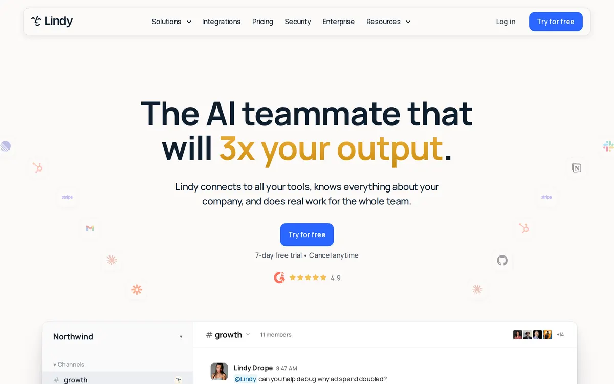 Screenshot of the Lindy homepage at lindy.ai