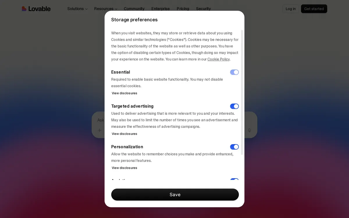 Screenshot of the Lovable homepage at lovable.dev