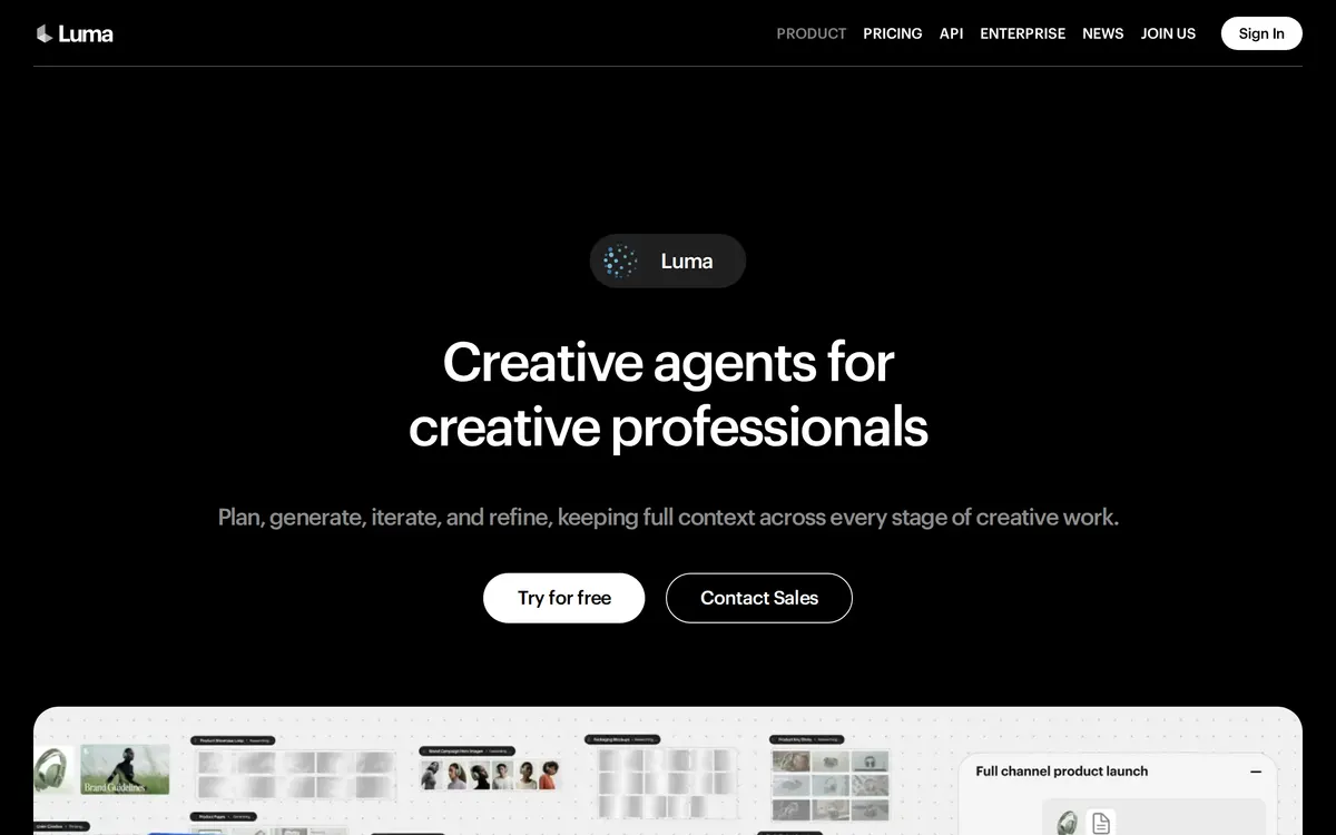 Screenshot of the Luma Dream Machine homepage at lumalabs.ai