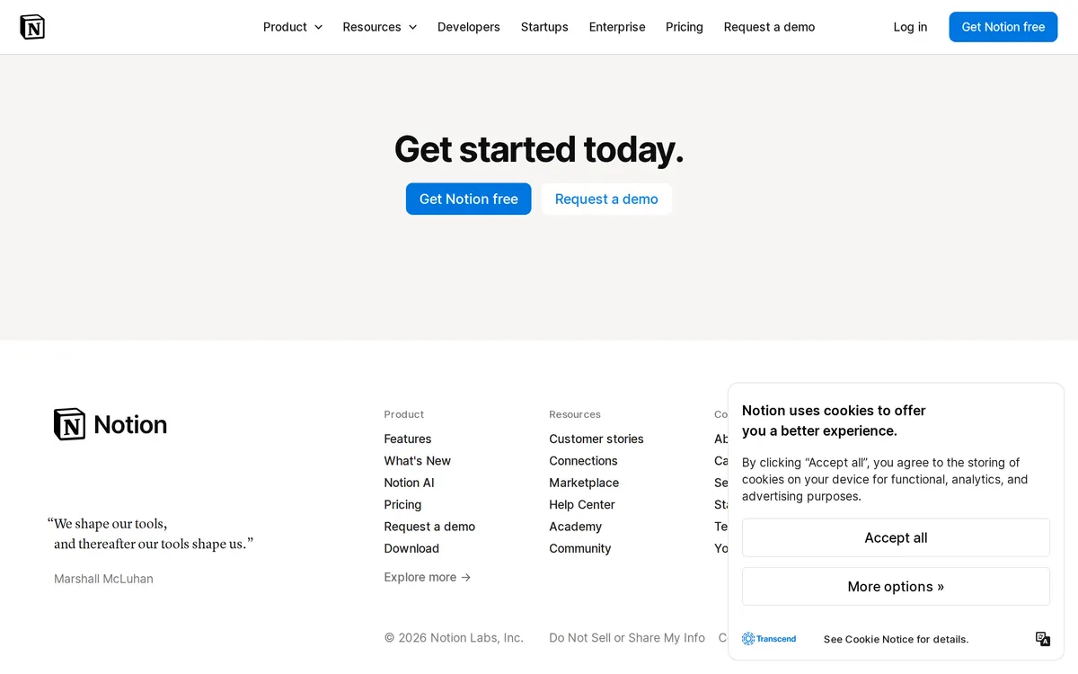 Screenshot of the Notion AI homepage at notion.com