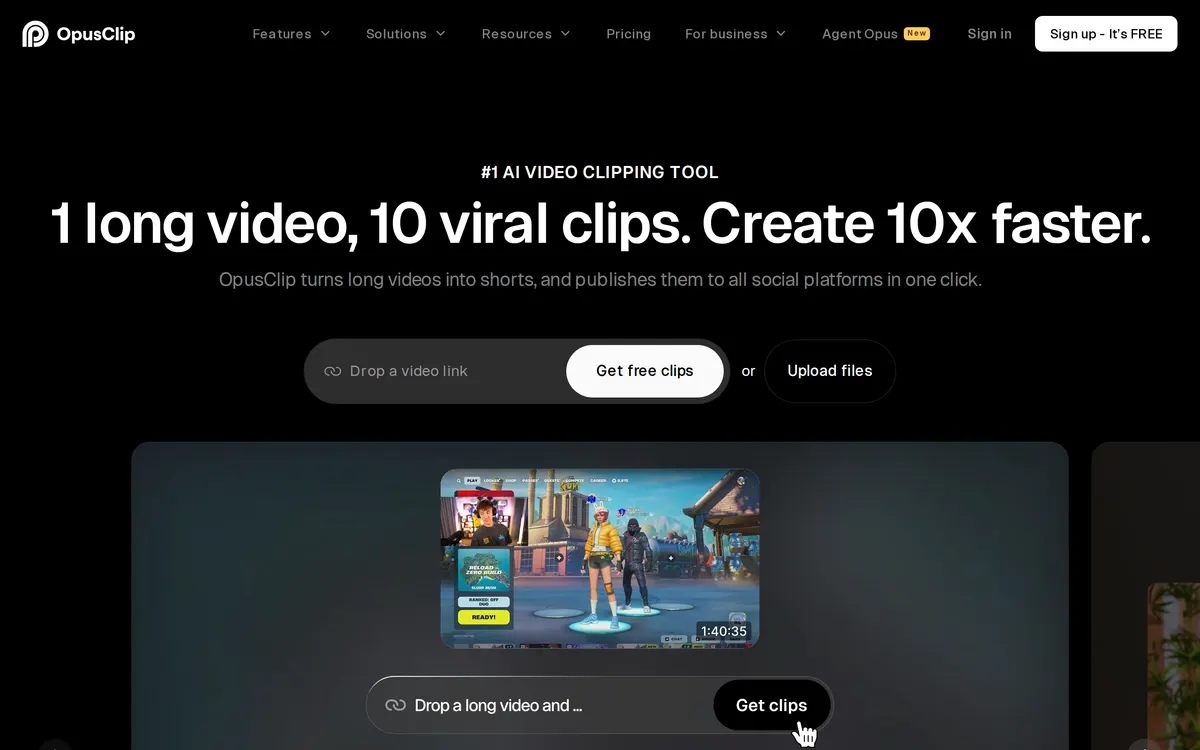 Screenshot of the Opus Clip homepage at opus.pro