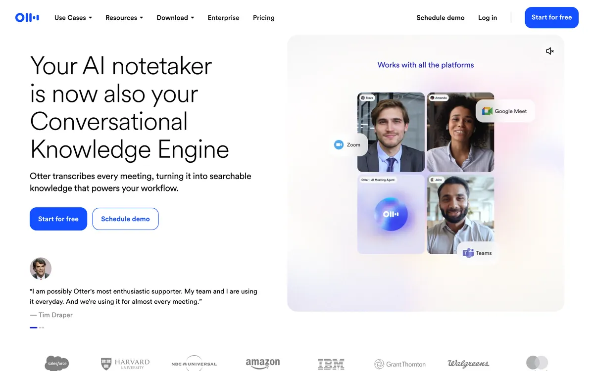 Screenshot of the Otter.ai homepage at otter.ai