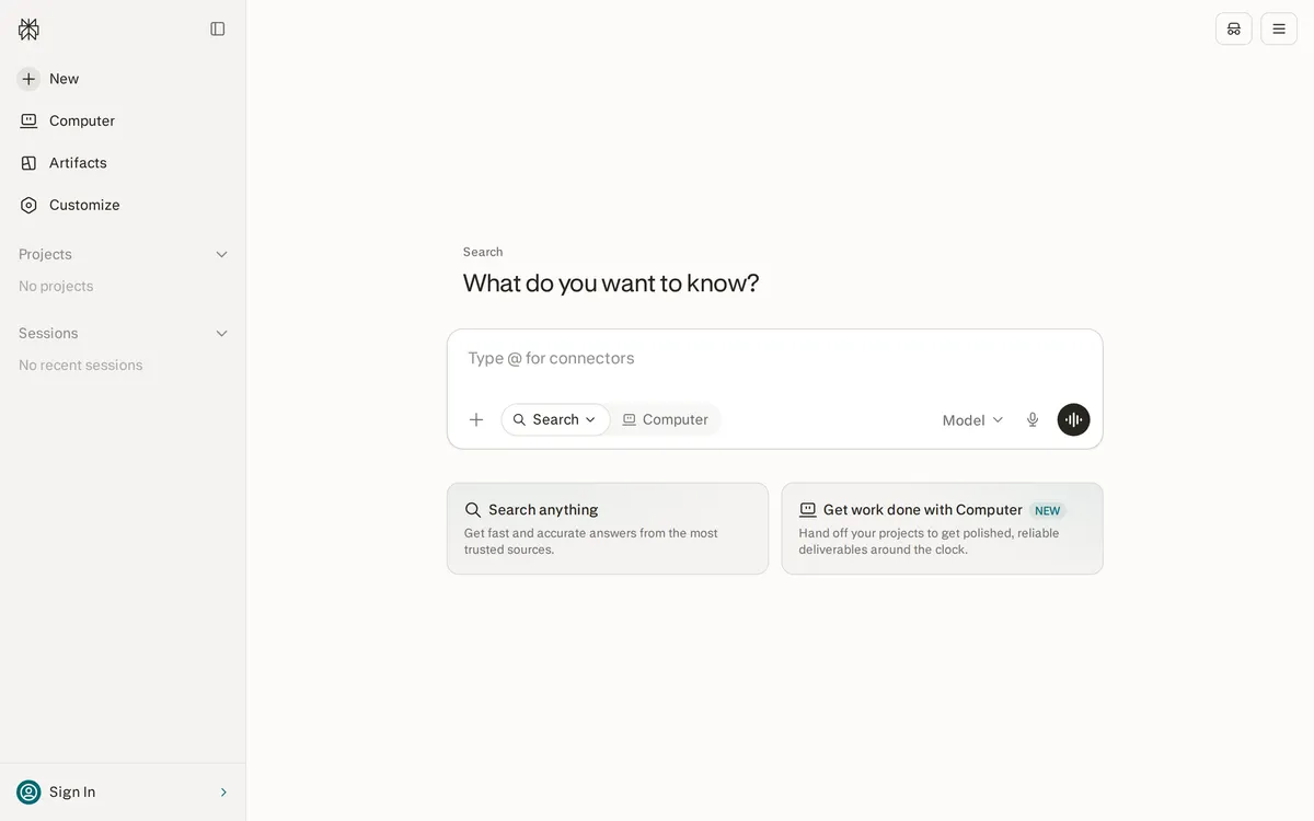 Screenshot of the Perplexity homepage at perplexity.ai