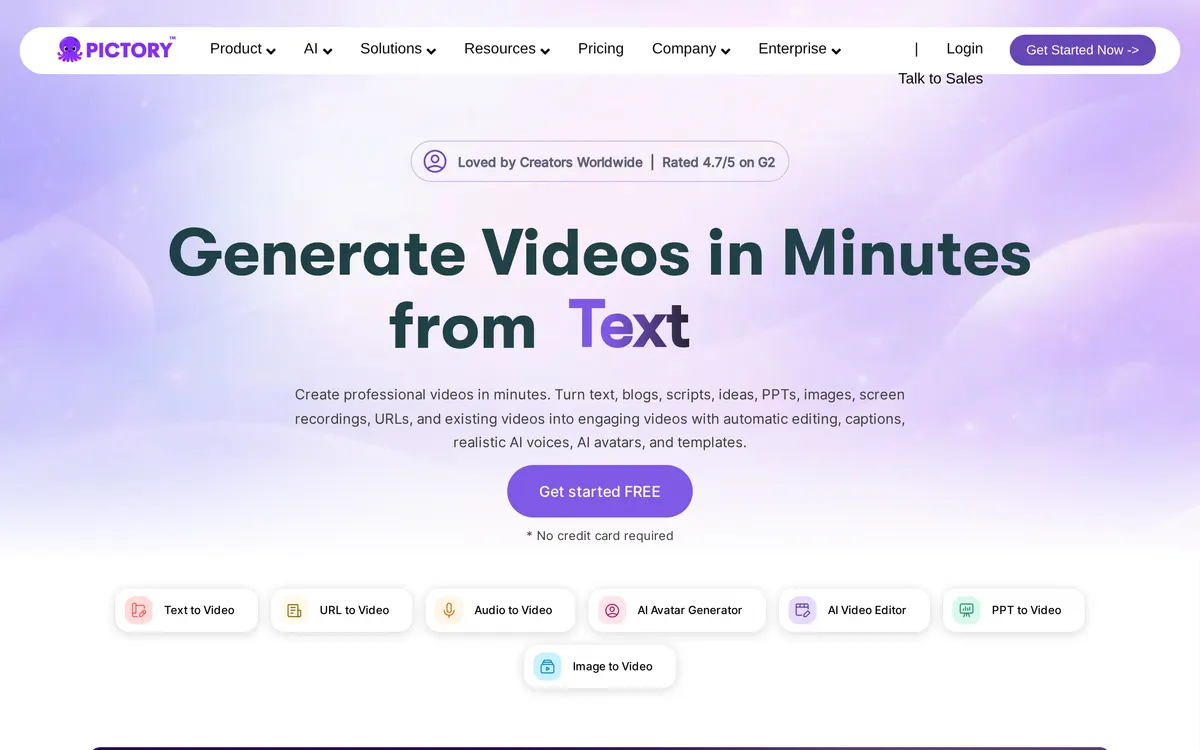 Screenshot of the Pictory homepage at pictory.ai