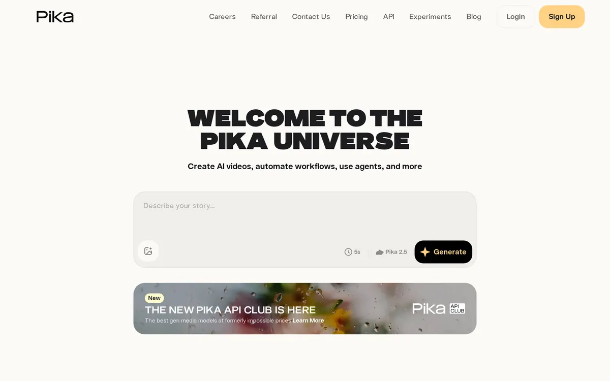 Screenshot of the Pika homepage at pika.art