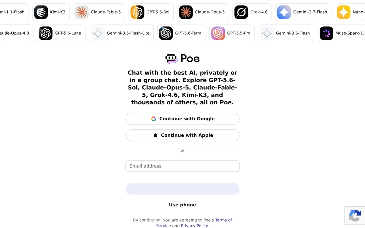 Screenshot of the Poe homepage at poe.com