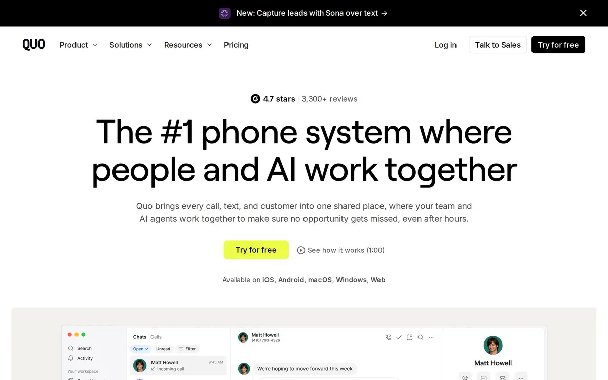 Screenshot of the Quo homepage at quo.com