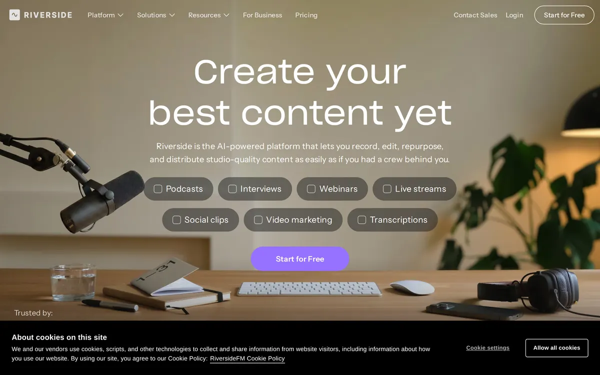 Screenshot of the Riverside homepage at riverside.fm