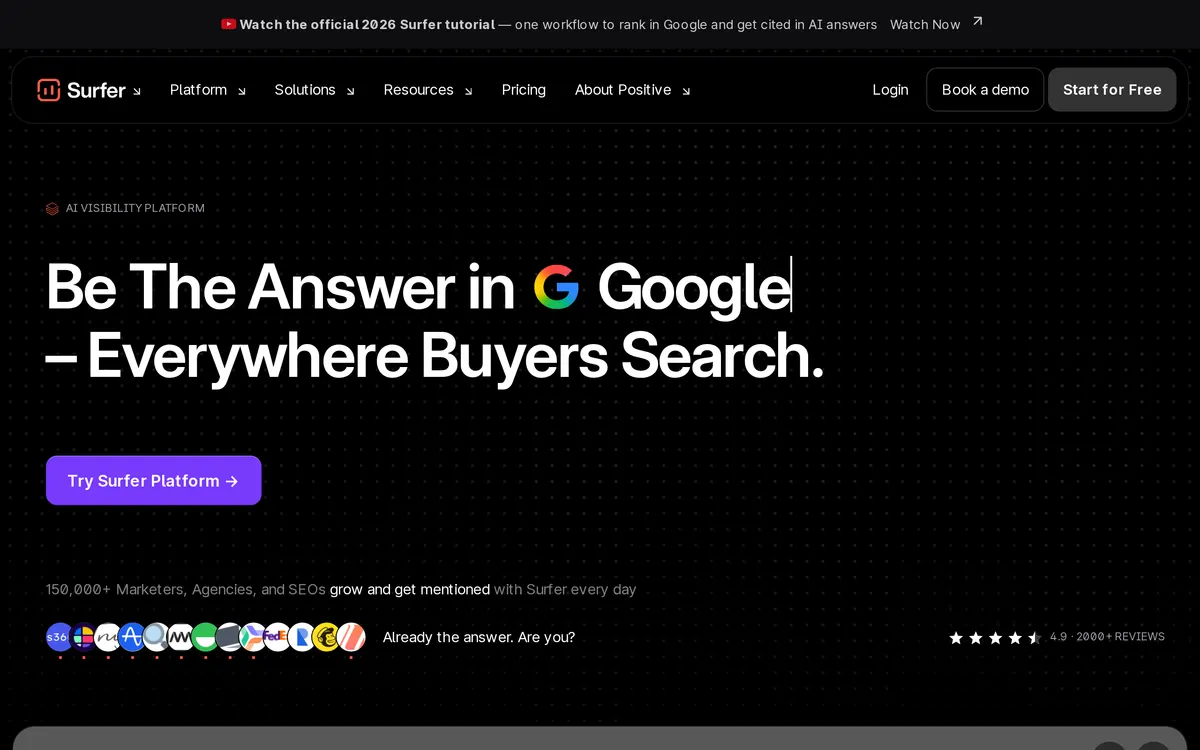 Screenshot of the Surfer homepage at surferseo.com