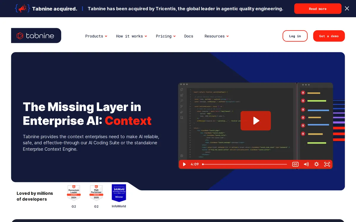 Screenshot of the Tabnine homepage at tabnine.com