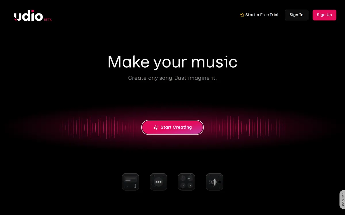 Screenshot of the Udio homepage at udio.com