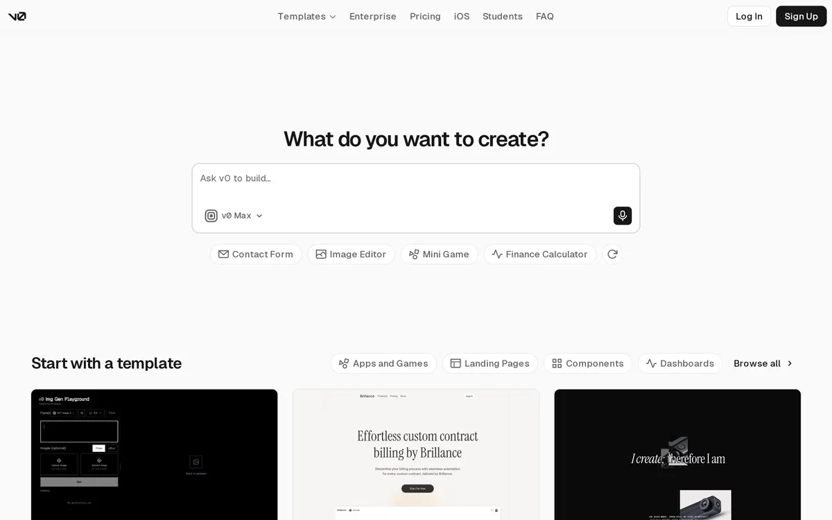 Screenshot of the v0 homepage at v0.app